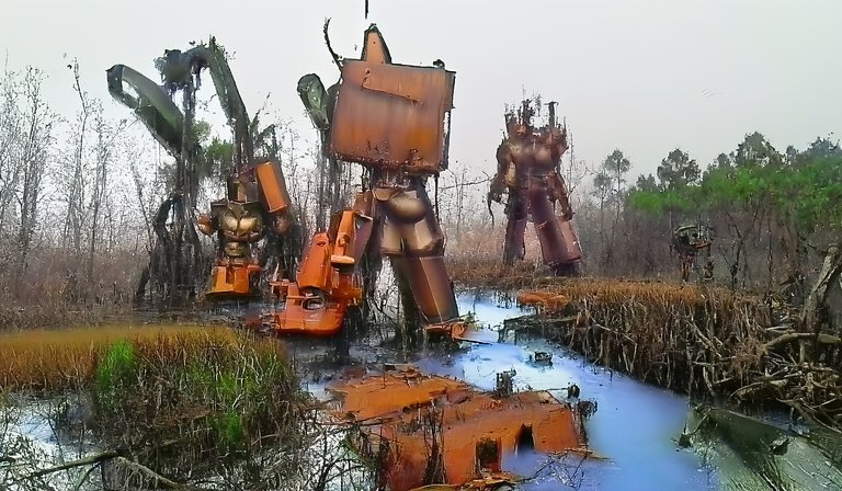 FourInAHead's tweet photo. "Giant robots rusting in a swamp" made with @get_starryai https://t.co/vhZGsBThm8