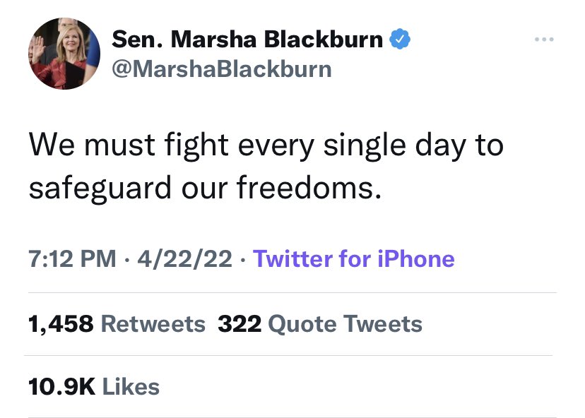 This may shock you but the party banning and burning books; outlawing discussions of racism, slavery, sexuality, and gender identity; restricting voting rights; gutting women’s reproductive rights; and trying to repeal marriage equality is not “fighting to safeguard freedoms.”