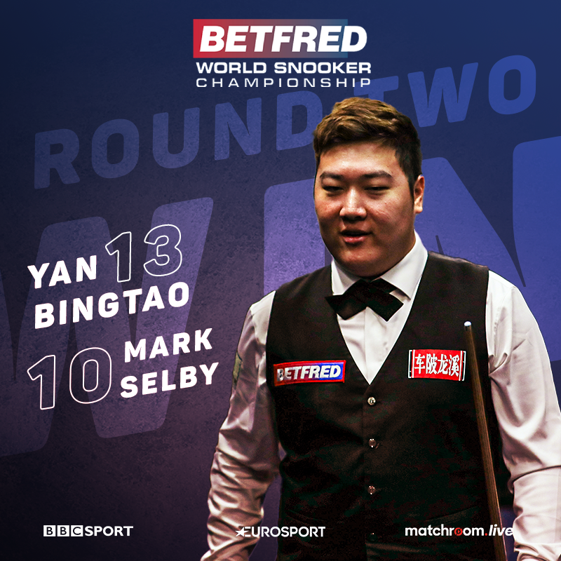 WeAreWST's tweet photo. A game that had it all.

Yan Bingtao beats defending @Betfred World Champion Mark Selby 13-10 to set up a quarter final against Mark Williams.

Sealed with a century #ilovesnooker https://t.co/ryIseNpoqO
