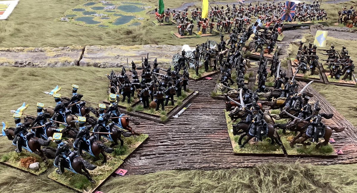 Oldwargamer's tweet photo. The #Brunswickers under the command of @schroeder_hs begin to deploy.
#wargaming #wargames #wargamer #QuatraBras #28mm #napoleonics https://t.co/UrCwvklEa7