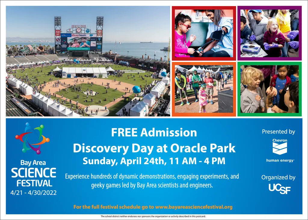 lawrencehallsci's tweet photo. Tomorrow is DISCOVERY DAY at @OracleParkSF! Join us at @BayAreaSciFest from 11-4 FREE at the Ballpark for this HUGE event w hundreds of hands-on activities, dynamic demonstrations, engaging experiments, geeky games and astounding activities for all ages! https://t.co/kmg9e4uKFV https://t.co/vmQjy0As2H