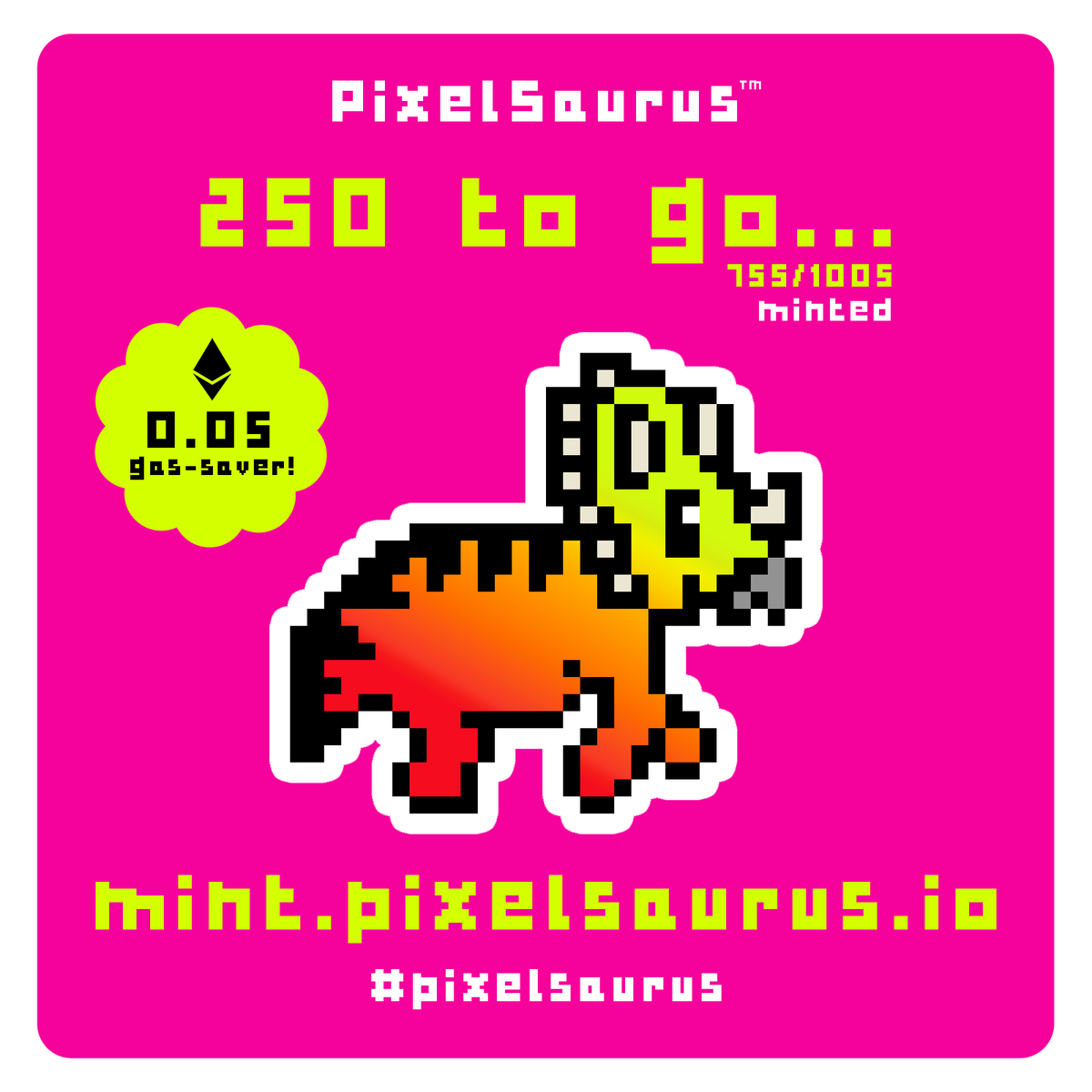 ONLY 250 MINTS REMAIN! 😱🦖🌋

🌈 Mint Price: 0.05 ETH (gas saver)
🔥 Floor Price: 0.08 ETH
👉 mint.pixelsaurus.io

💎 Fun, family friendly, diverse &amp; inclusive! 🫂
💎 5 x Innovative Utilities! 🗜️
💎 Trademarked &amp; #OpenSeaNFT verified! ✅

#nfts #dinofam #nft #RAWRsome