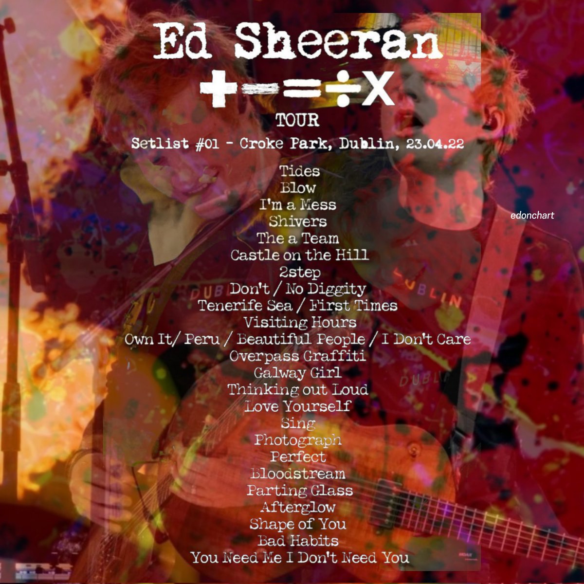 edonchart's tweet photo. 🏟️ | "Mathematics Tour" setlist (Croke Park, Dublin) 23.04.22!

- What's your favorite song?

Via @EdSheeranBrCom https://t.co/pTDrcuXOk2