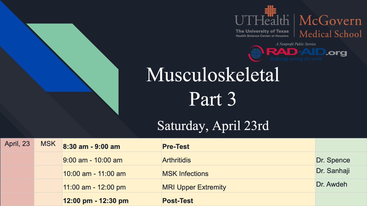 AidRad's tweet photo. Today we had part 3 of our MSK lecture series from our outstanding faculty! Thank you, @SusiSpenceMD, @LatifaLsanhaji, and Dr. Awdeh, for the great lectures!

Please find the schedule for today's session below.
@RADAIDIntl @UTHradiology #MSKRad https://t.co/donpn3i9tu