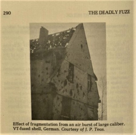 The impact marks of high speed fragments thrown from an airburst shell look different than ground & delay fuzed shell bursts.The German building in the lower right is from Ralph Belknap Baldwin's The Deadly Fuze: The Secret Weapon of World War II16/
