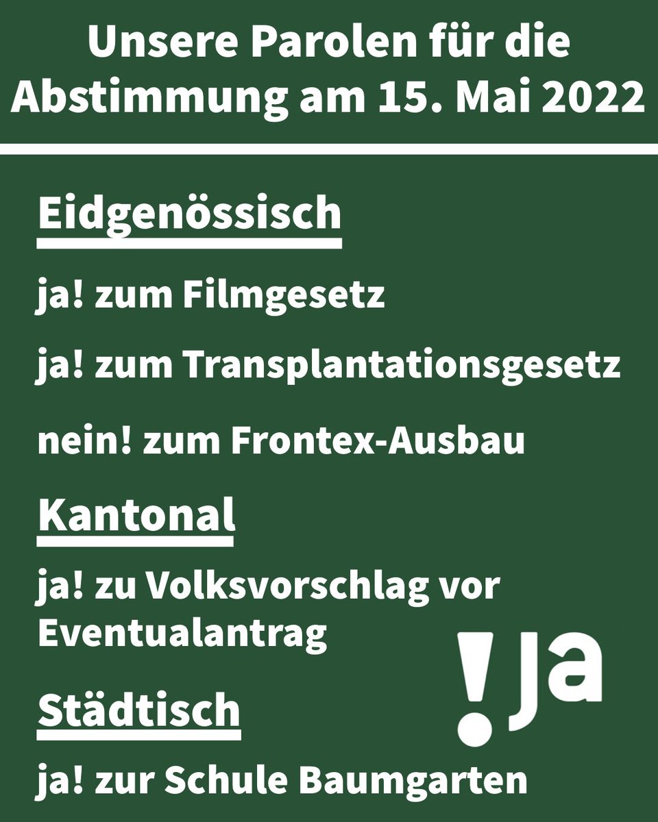 Parolen für die #Abstimmung am 15. Mai 2022:
Eidgenössisch:
🎬ja! zum #Filmgesetz <a href="/filmgesetzja/">Ja zum Filmgesetz</a> 
♥️ ja! zum #Transplantationsgesetz @Transplant_JA 
❌ nein! zu #Frontex @NoFrontex 
Kanton Bern:
📜 ja! zu #Volksvorschlag vor Eventualantrag
Stadt Bern:
🏫 ja! zur Schule #Baumgarten