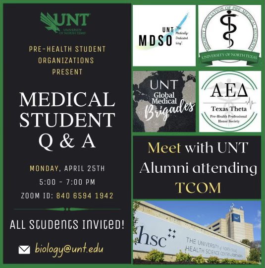 untmapsorg's tweet image. UNT MAPS will be collaborating with @UNT_MDSO, @AEDTexasTheta, and Global Medical Brigade to host medical students from @TCOM_UNTHSC, the Texas College for Osteopathic Medicine, on Monday, April 25th, from 5 PM- 7 PM! This is a meeting you do not want to miss!