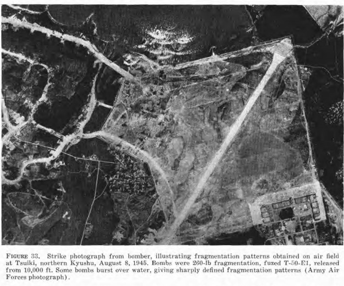 These are the fragment impact marks are from bombing raids of Iwo Jima, left, and a Japanese airfield on Kyushu right.Please note, there are no craters. There are only wide u-shaped fragment patterns.17/