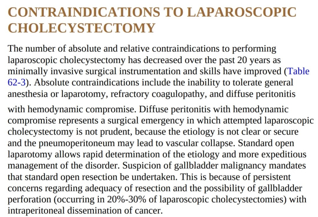 DRAFTABAHMED7's tweet photo. Contraindications To Laparoscopic Cholecystectomy:
•Relative contraindications are dictated primarily by the surgeon’s philosophy &amp; experience.
𝗥𝗲𝗳:Maingots abdominal surgery
#MedTwitter #GITwitter
#cholecystectomy #choledocholithiasis 
#laparoscopic 
#bileductinjury #biloma https://t.co/PHLTVeuQVh