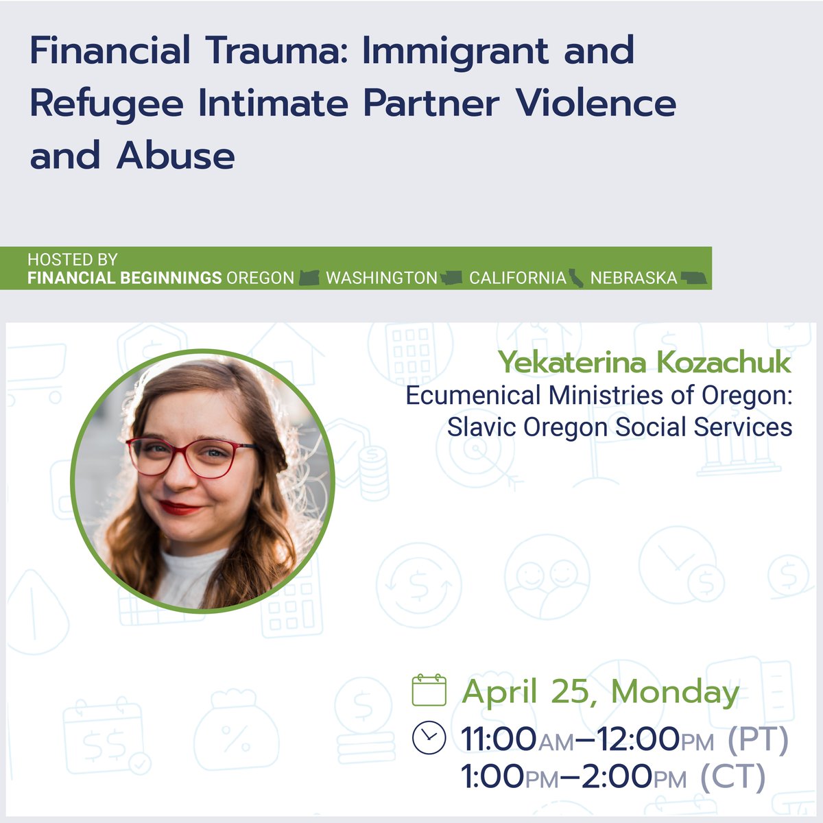 FinBegOR's tweet image. Next week is the last week of FLC 2022! 

Tune in Monday while we explore the key elements of financial abuse in intimate partner violence and how to provide trauma-informed care when helping survivors learn about financial empowerment.

Register: ow.ly/kV8z50INZVp