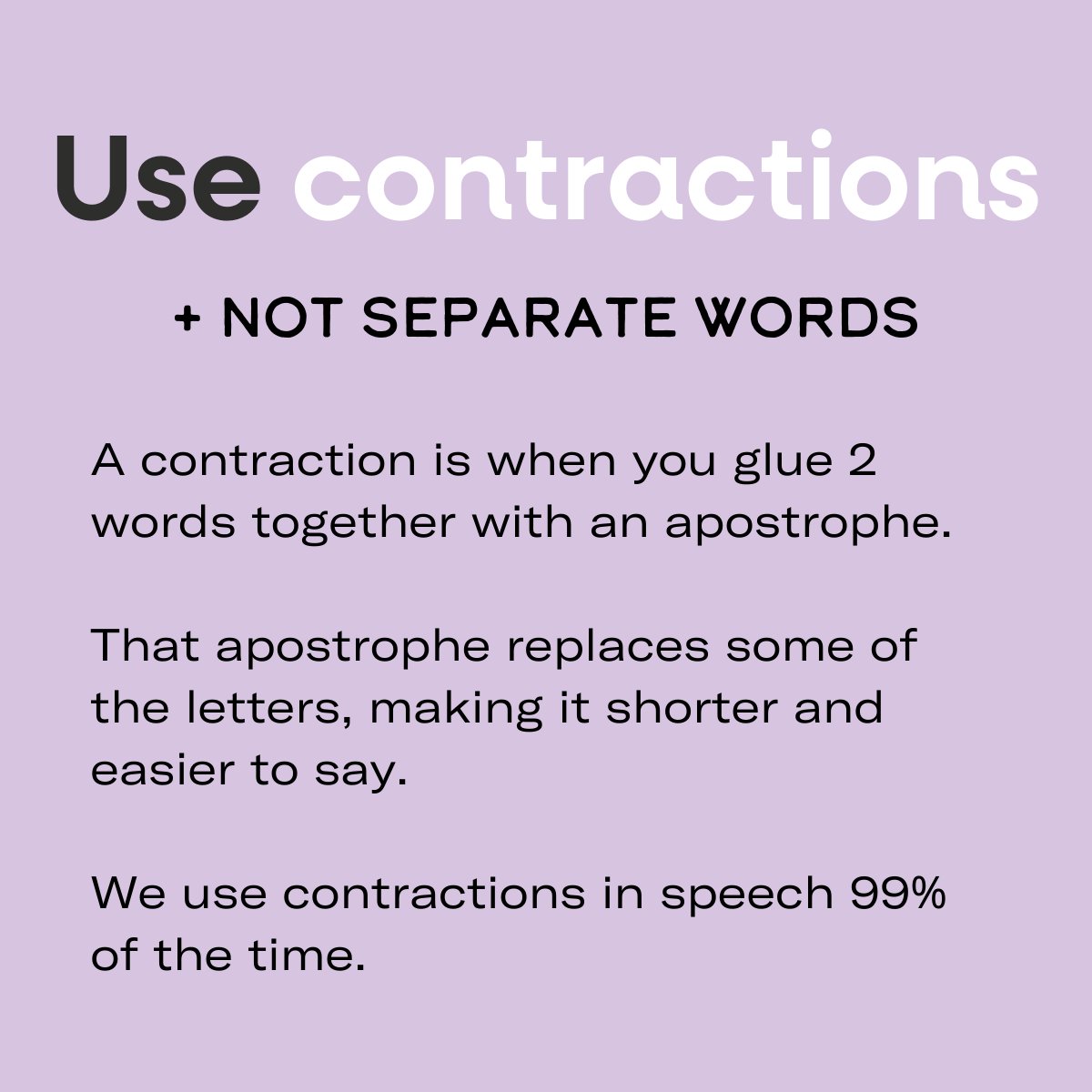 Just a quick #Copywriting tip this evening. 
You need to write the way you speak. So, swap out separate words if you can use a contraction. 

#Copywriter #Copywriting #ContentWriting #ContentWriters #ToneofVoice #BusinessGrowth #WritingHack #CopywritersUnite