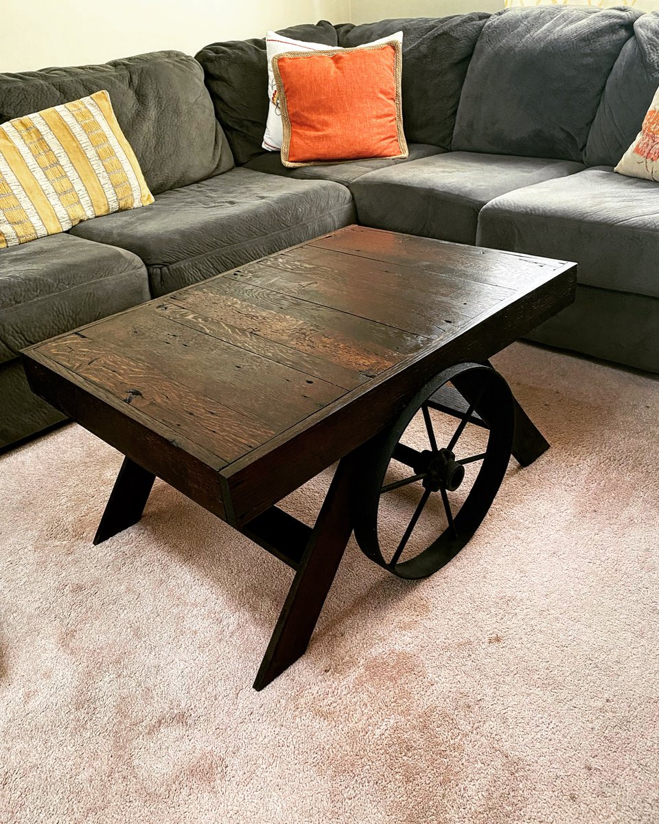 NicholasPalmeri's tweet photo. I built this table. The wheels are old as shit. Stop buying stuff just collect as much reclaimed barn wood as you can. #coffeetable #DIY https://t.co/xe7zg6f2Gk