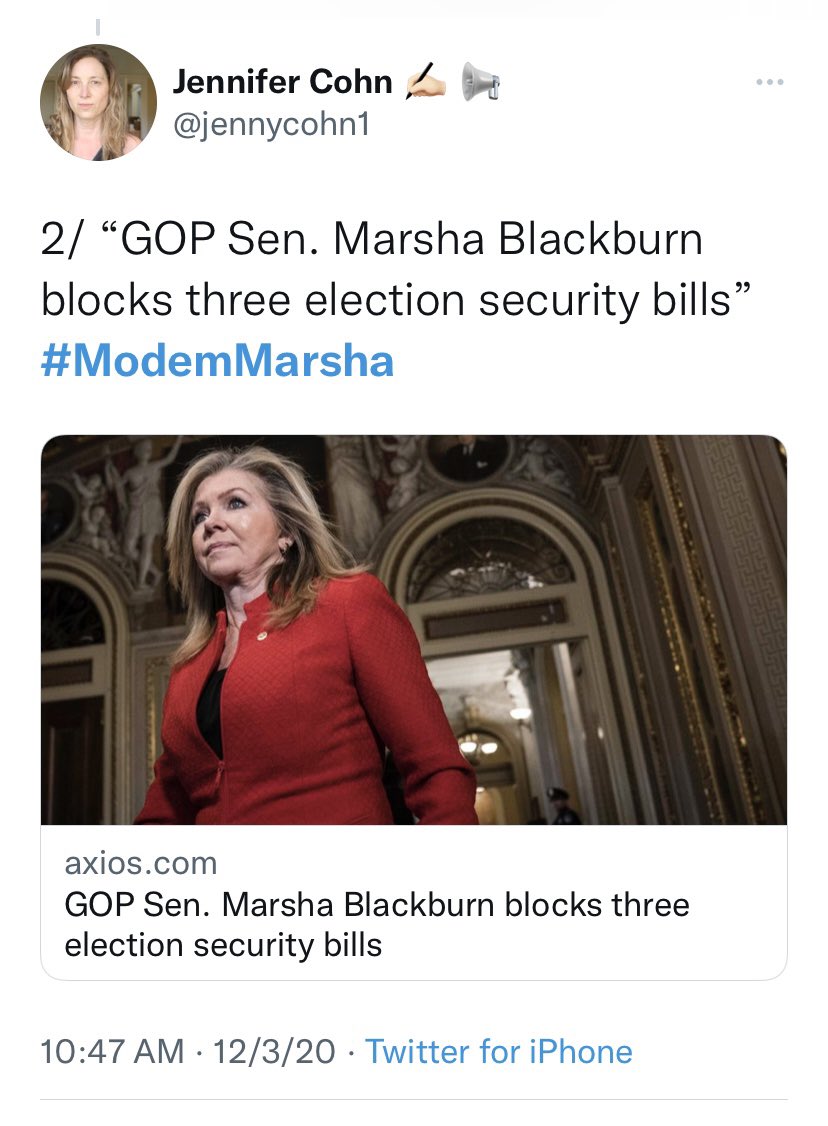 jennycohn1's tweet photo. @MarshaBlackburn Then why did you block Democratic efforts to secure the 2020 election, including @RonWyden’s #SAFEAct, which would have required the removal of wireless modems from ballot scanners &amp; rigorous manual audits 4 all federal races? #ModemMarsha https://t.co/LDXnPl3Kkx https://t.co/VE1DFV7bs9