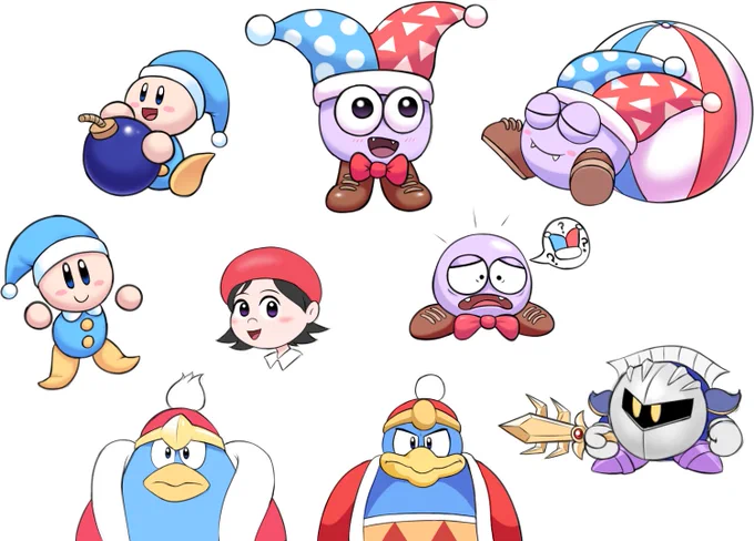 Wanted to doodle a bunch of Kirby Characters (King Dedede game &amp; anime, Meta Knight, Marx, Adeline, Poppy Bros. Jr)
#Kirby 