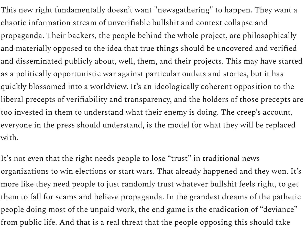 jayrosen_nyu's tweet photo. "They know how journalism works! They're just against it!"

This whole post by @pareene is on target. I have run out of new ways to make these points, but his way works just fine. https://t.co/Y3IWRR4NUQ https://t.co/nZEbdmnqy9
