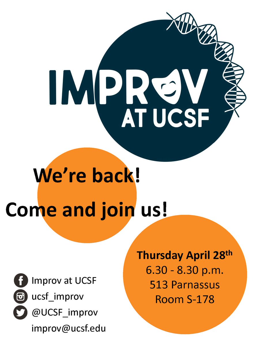 UCSF_Improv's tweet photo. #Improv at #UCSF is back with classes on campus - Next class is in Parnassus Thu 28th April! #improvandscience https://t.co/h7ZLVwGipo