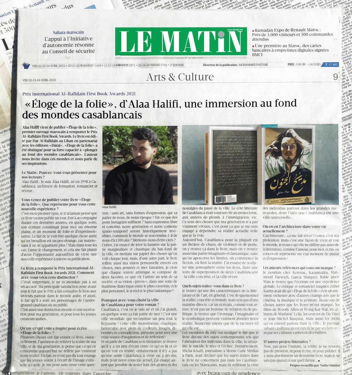 AlaaHalifi's tweet photo. le Matin, 23 avril 2022

Interview complet:
https://t.co/XBwEyTUmdp
#interview
#Casablanca
#Literature https://t.co/CvrDnPVmxV