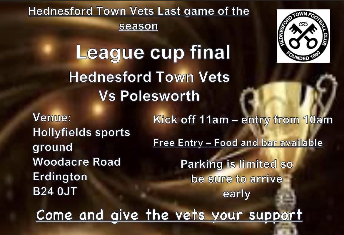 Hednesford_Town's tweet image. 🚨🚨

Come and support the vets tomorrow in their last game of the season. 

League cup final, league champions (HTVFC) vs league runners up. 

FREE entry from 10am, bar and food available for purchase. 

Your support would be really appreciated.