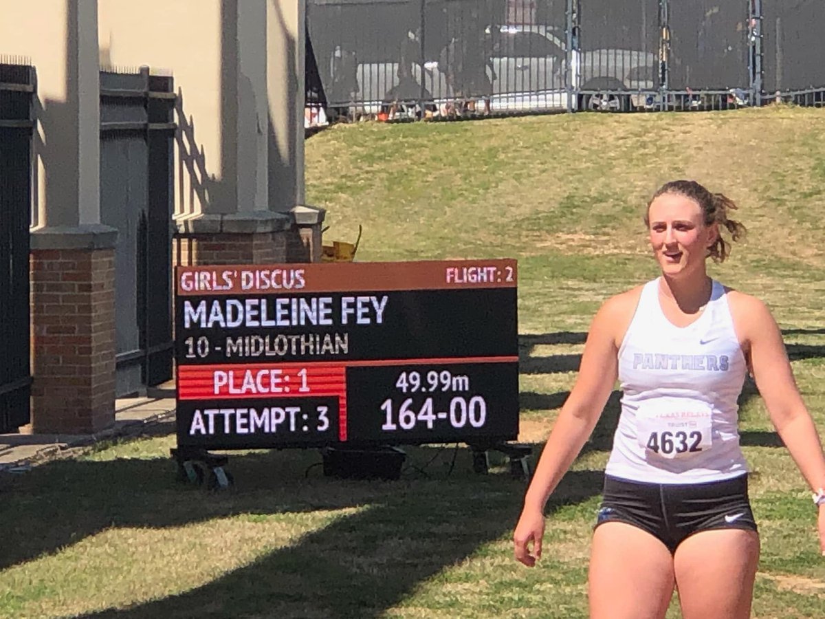 TTFCA's tweet photo. At a pre-season meet in OK, sophomore Madeleine Fey launched the disc 179-07, the 2nd-furthest in TX HS history, behind Olympian Shelbi Vaughan. Welcome Maddie to the 2022 TTFCA Meet of Champions! @JoJfey @MISD_Athletics @dowollman @throwing_the @ThrowSumthin (pic TX Relays) https://t.co/kNISTIobI3