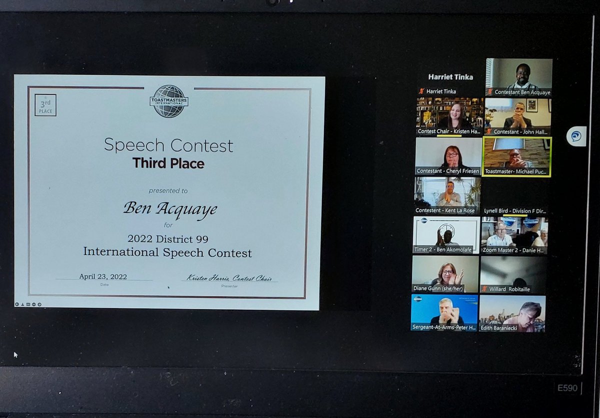 LloydTMClub's tweet photo. Congratulations to our own Ben Acquaye @Papabedo on his 3rd place finish at the District finals of the International Speech Contest held today. You made us proud. Congratulations Ben! https://t.co/AZpRKUxCI2
