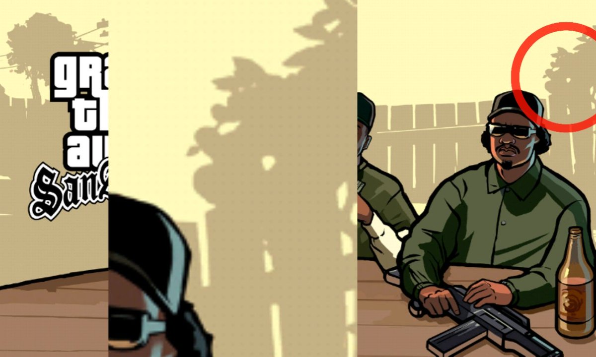 Maroid3's tweet photo. #segredogigatonico eu vejo algo bem cabuloso nessa artwork do San andreas parece estar segurando na mão uma maçã e tem uma cauda https://t.co/PddgBmiE8Q