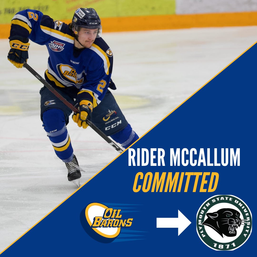 Committed ✅

The Fort McMurray Oil Barons are proud to announce Defenceman Rider McCallum has committed to playing for Plymouth State University. 🏫

Congratulations to Rider and his family on this accomplishment! #ymm #ajhl #gomobgo fortmcmurrayoilbarons.ca/media-centre/a…