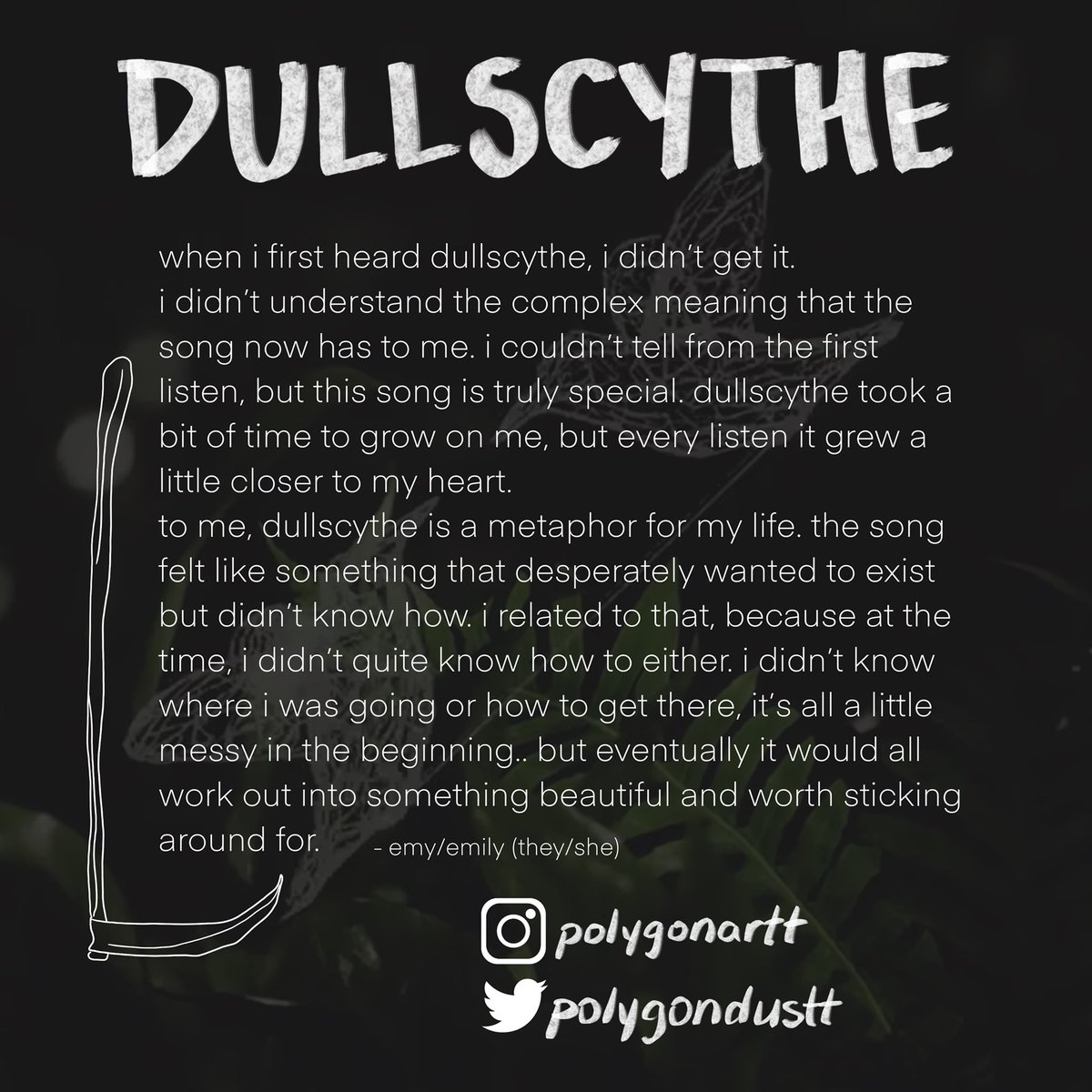 polygondustt's tweet photo. HAPPY NURTURE DAY!!! 🌱 #OneYearOfNurture 
i gathered a few friends together to create this wonderful collab for the albums birthday. we each created a piece for one song on the album, here’s my art for dullscythe 🤍 https://t.co/6MdhaJdQxp