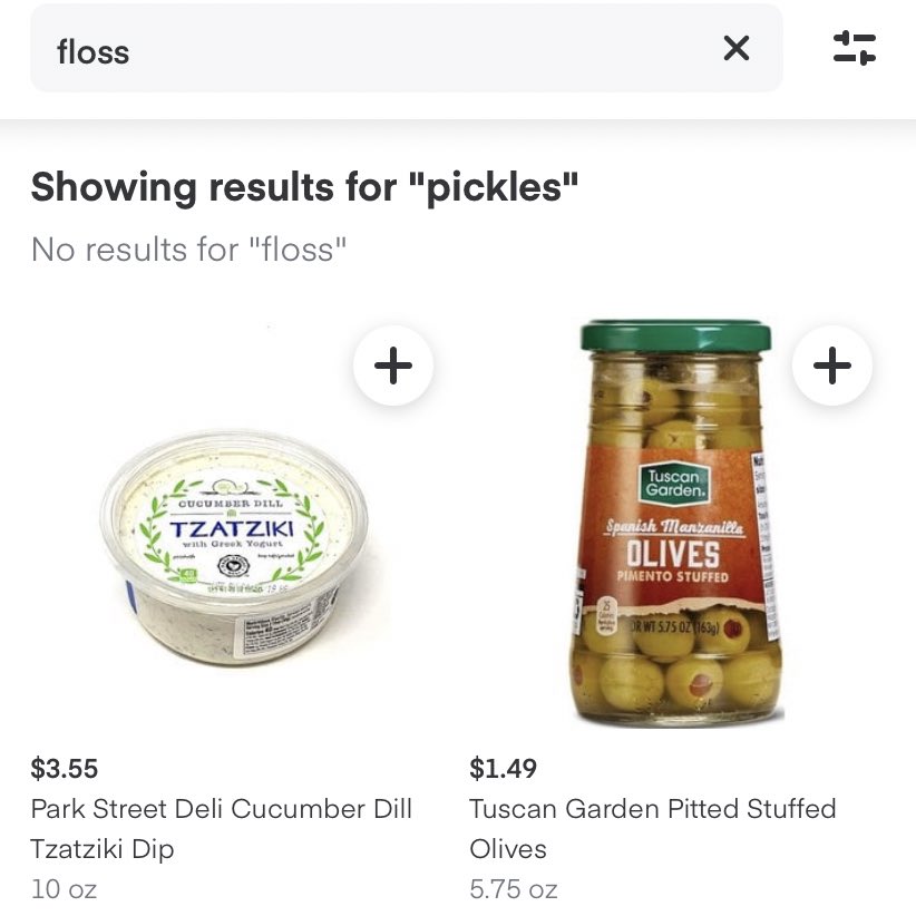 thedrmiki's tweet photo. “Sorry, no floss here. How about pickles? And by ‘pickles,’ I mean ‘olives and tzatziki sauce.’” #instacart #instacartfail #isinstacartfailahashtag #itisnow https://t.co/6gCXPAkqRz