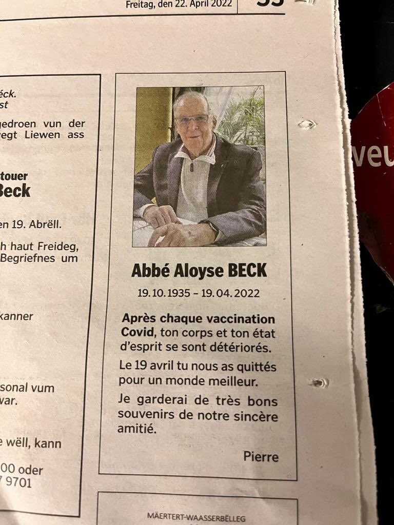 « Après chaque vaccination Covid, ton corps et ton état d’esprit se sont détériorés » peut-on lire dans les annonces mortuaires au Luxembourg.
