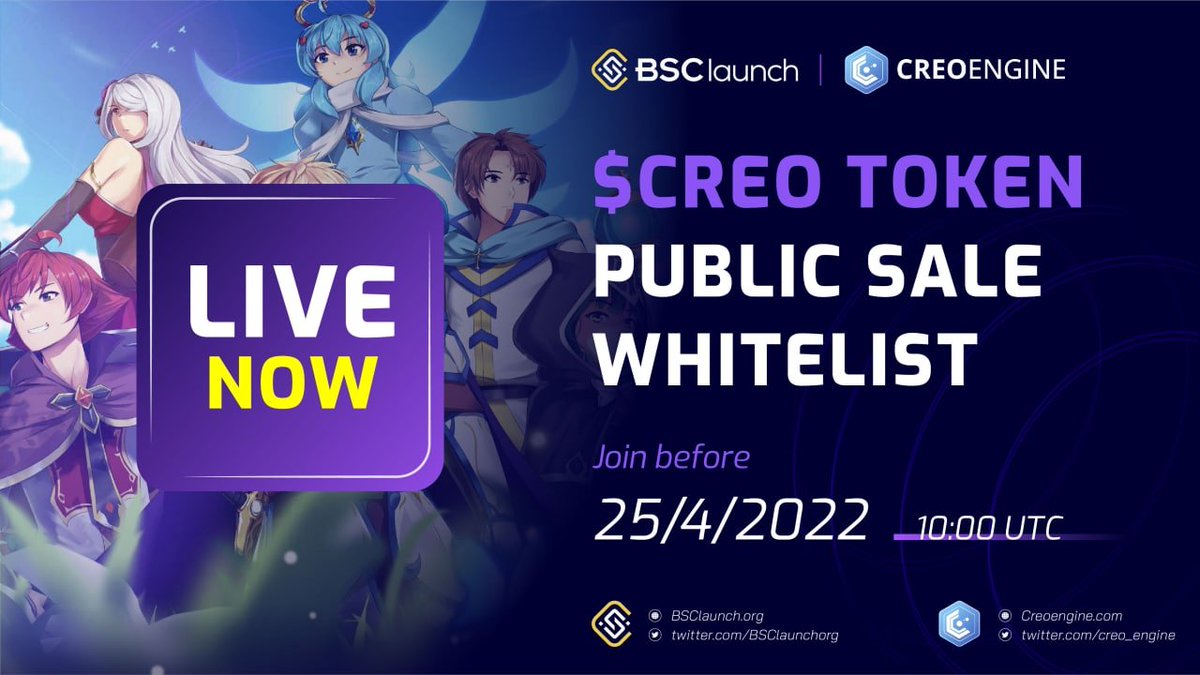 BSClaunchorg's tweet photo. 🟣 CREO ENGINE IDO <Ranked Round>
Whitelist Registration opens: April 23th ➡️ April 25th

Ranked round allocation: 50,000 USD
Deal Type: Public sale
Deal price: 0.04 USD
Vesting schedule: 10% unlocked at TGE, linear daily unlock over 6 months

▶️ENTRY: https://t.co/oOOMrHQwrC https://t.co/kE6UhsAeq3