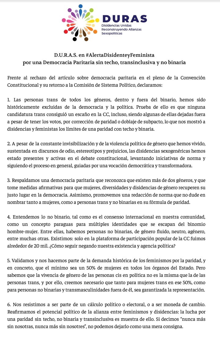 PipeAllendeM's tweet photo. Declaración de D.U.R.A.S (Disidencias Unidas Reconstruyendo Alianzas Sexopolíticas) por una Democracia Paritaria sin techo, transinclusiva y no binaria cc @tia_paulina_vr @JuanjoMartinb @GuillermoNamor @cesarvalenz @Rmontero_ @MaxHurtadoR @mdaza_abogado @PatoFdez @CarolinaSepuD19 https://t.co/eWdfp0T0k8