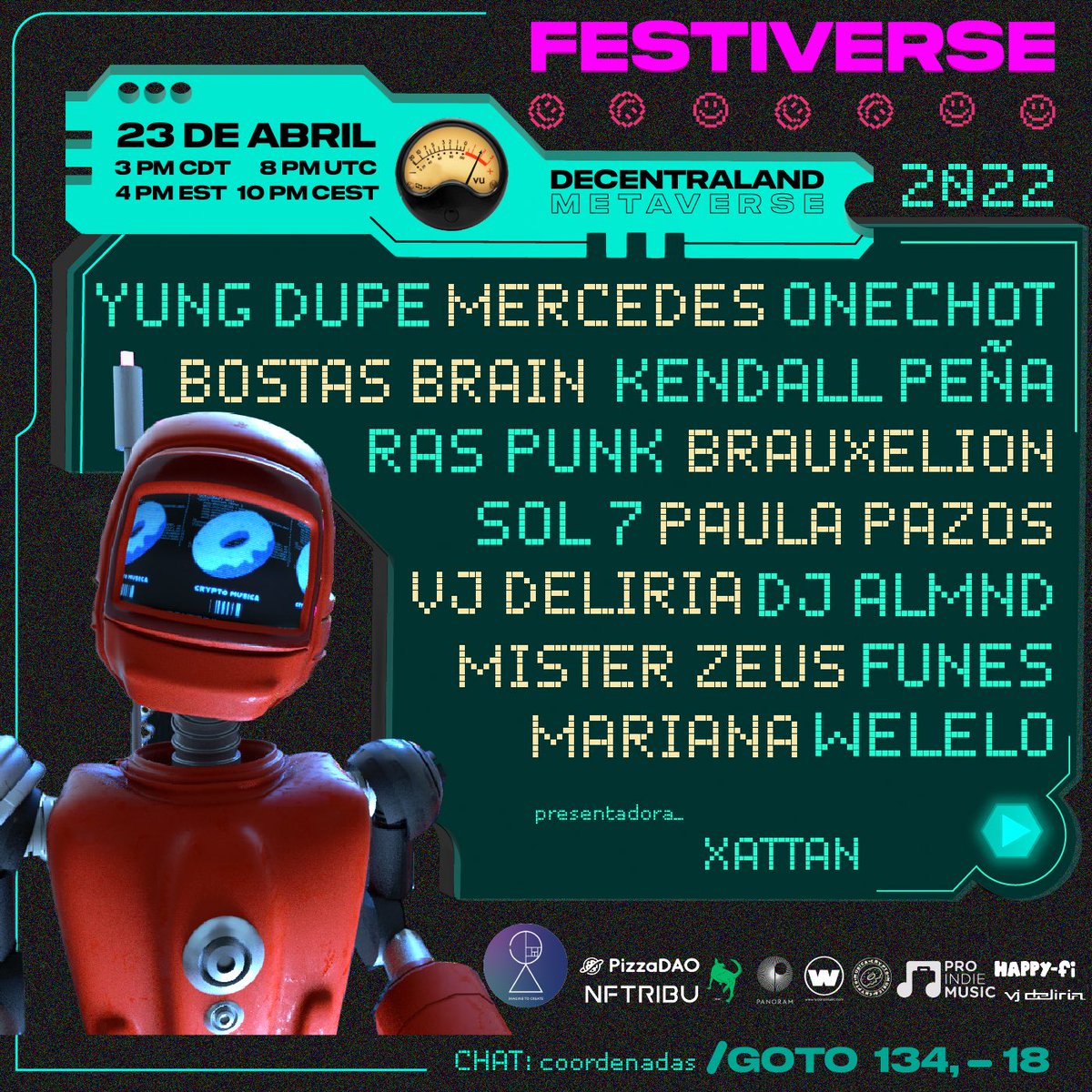 ¿Sabes que es el metaverso? <a href="/crypto_musica/">Crypto Música XYZ</a>  te invita al primer festival Iberoamericano en Decentreland. Es entrada libre , crea un avatar y vive la experiencia  #Metaverse #NFTs #music 

A partir de las 15:00

Bienvenidos al Festirverse ⭐️⭐️⭐️ imaginetocreate.dcl.eth.link