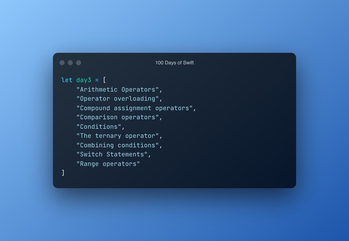 ug_ross's tweet photo. ✅ Day 3 - “Operators and conditions”

 #100DaysOfSwift #100DaysOfCode https://t.co/5FybAXbUde