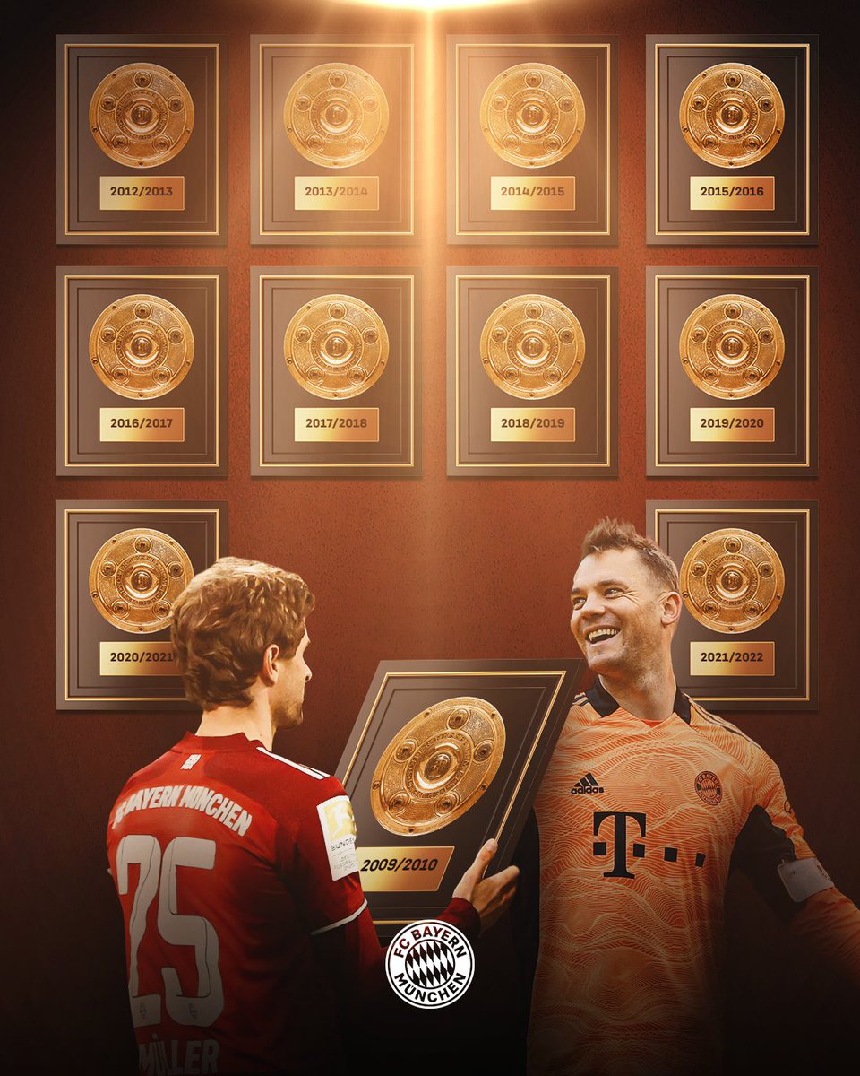 FCBayern's tweet photo. 10 Meistertitel in Folge. 🏆🏆🏆🏆🏆🏆🏆🏆🏆🏆

2 Legenden. 🔴⚪ 

1 Thomas Müller. ❤️🤍

1 Manuel Neuer. ❤️🤍

#MiaSanMeister #FCBayern https://t.co/MqpUPxQoEt