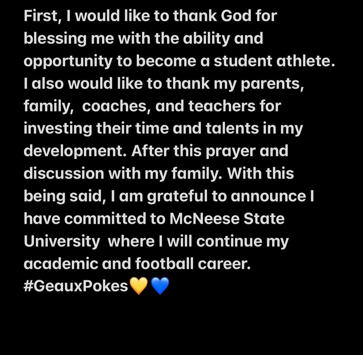 KamSenegal19's tweet photo. Next chapter💙💛 #GeauxPokes @_ZHSFootball @KenAnioJr @F_Huggins80 @McNeeseFootball @CoachBrew1 https://t.co/aVYAWqwGOw