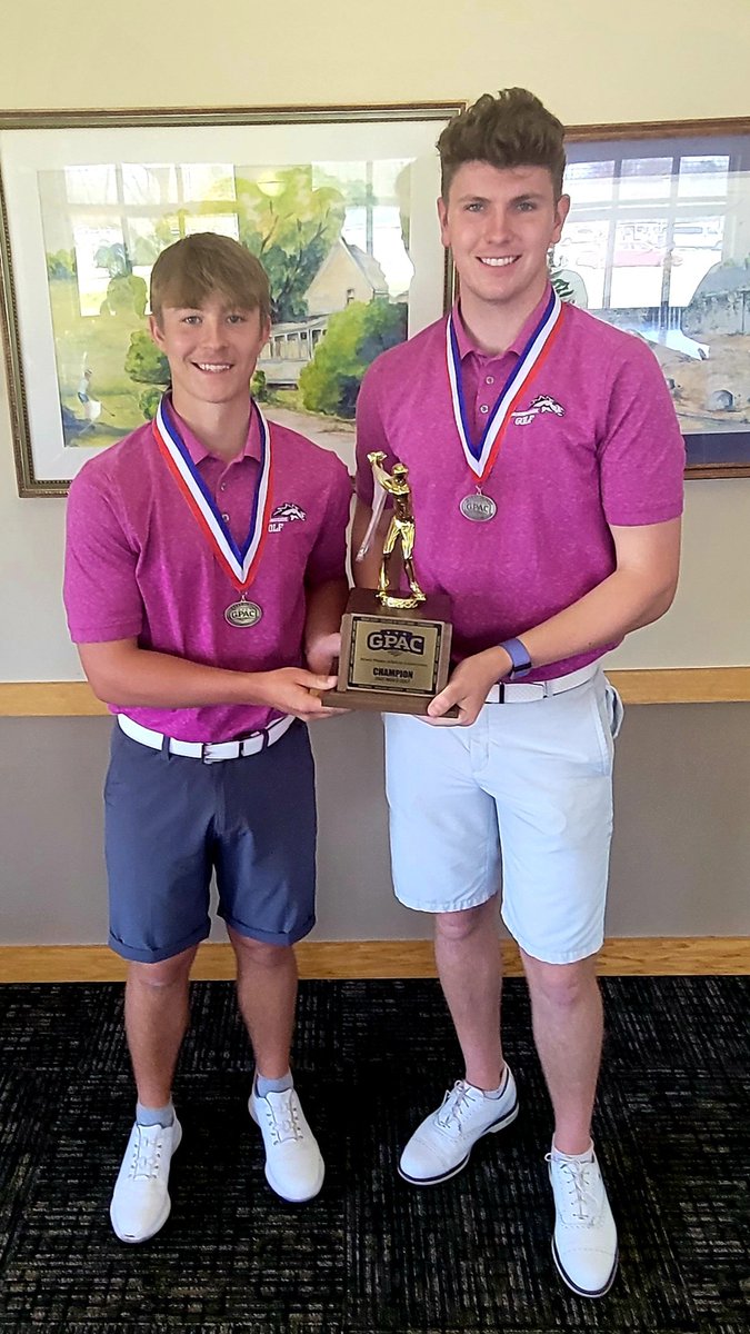 GPACSports's tweet photo. The 2022 GPAC Men's Golf Champions from @MsideMustangs 

Co-Medalists:
Sam Storey and Mason Weeks (MU)

Also the top 10 (with ties) after 54 holes (automatic All-Conference)

The GPAC Men's Golf Championship was shortened to 54 holes due to the High Wind Warning in Vermillion. https://t.co/oUs4ILbDPP