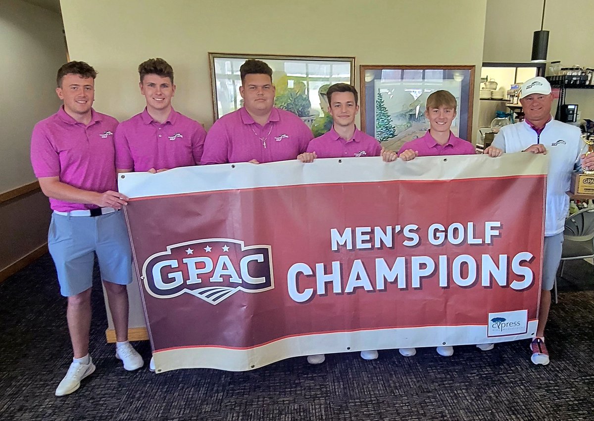 GPACSports's tweet photo. The 2022 GPAC Men's Golf Champions from @MsideMustangs 

Co-Medalists:
Sam Storey and Mason Weeks (MU)

Also the top 10 (with ties) after 54 holes (automatic All-Conference)

The GPAC Men's Golf Championship was shortened to 54 holes due to the High Wind Warning in Vermillion. https://t.co/oUs4ILbDPP