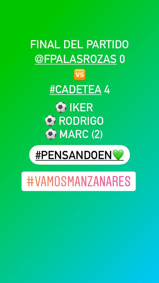 Nueva victoria de nuestros chavales, a pesar del viento, la lluvia y el frio 👏🏻👏🏻👏🏻

Una final menos!!! Una victoria más!!! A seguir trabajando 💪🏻
#Trespuntos #SeguimosSumando

#VamosManzanares #ADRM #Pensandoen💚 #SomosEquipo #Sisepuede