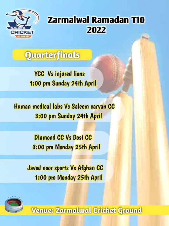 YousafzaiCC's tweet photo. Zarmalwal Ramadan T10 League 
First Quarterfinal 

YCC vs Injured Lions 
Tomorrow at 13:00
 Venue: Zarmalwal Cricket Ground, Kabul https://t.co/b4PdcYnJgp