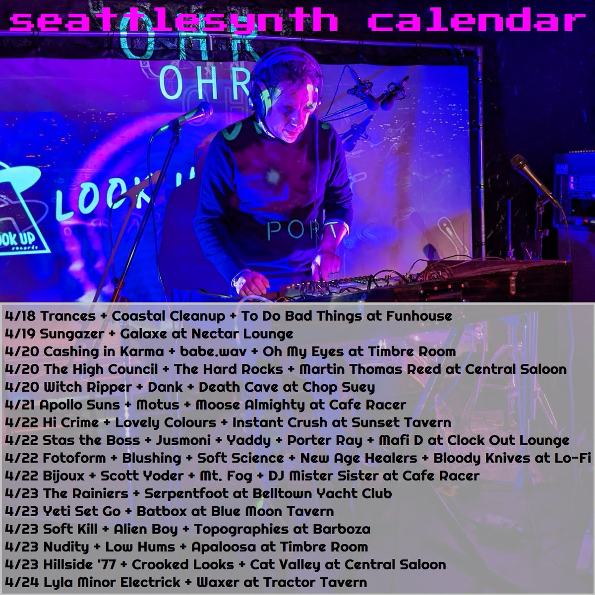 SEATTLESYNTH WEEKEND CALENDAR
4/23 <a href="/therainiers/">The Rainiers</a> <a href="/theGroovyNobody/">The Groovy Nobody</a> at #BelltownYachtClub
4/23 @NudityJammers <a href="/lowhums/">Low Hums</a> Apaloosa at <a href="/TimbreRoom/">Timbre Room</a>
4/23 <a href="/TheCrookedLooks/">Crooked Looks</a> <a href="/Dogstrum/">Dogstrum</a> Cat Valley at <a href="/CentralSaloonWA/">The Central Saloon</a>
4/23 Yeti Set Go + Batbox + Tin Foil Tophat at <a href="/bluemoonseattle/">Blue Moon</a>
