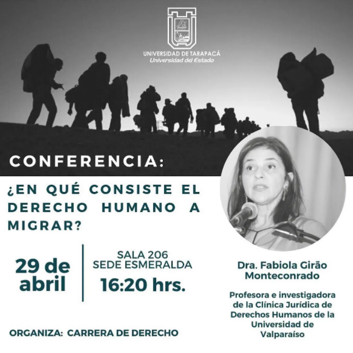 El próximo viernes 29/09, Conferencia de la Prof. Fabiola Girão, académica de la U. de Valparaíso e integrante de <a href="/RUMigracion/">Red de Universidades por la Migración</a>.
La actividad es organizada por la <a href="/utaiqq/">UTA Iquique</a> y se realizará en la Sede Esmeralda, sala 206 a las 16:20 horas.
#MigrarEsUnDerecho #MigrarEsUnDerechoHumano