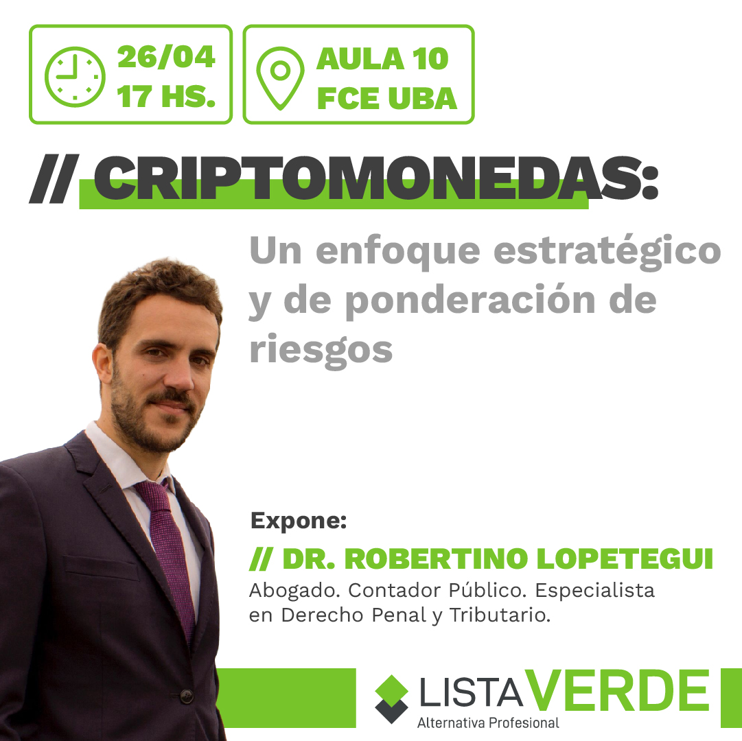 ListaVerde_ok's tweet photo. CRIPTOMONEDAS: un enfoque estratégico y de ponderación de riesgos
🗣 Dr. Robertino Lopetegui. Abogado. Contador Público. Especialista en Derecho Penal y Tributario.
📅 Fecha: 26 de Abril 17hs. en el Aula 10 FCE UBA
Inscribite acá 👉🏻 https://t.co/btuzmRMlhA https://t.co/eVExN3QUMY