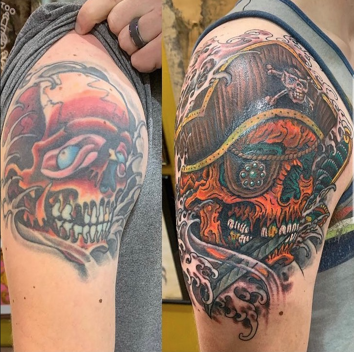 TheTriumphParty's tweet photo. Out with the old, in with the new 🏴‍☠️ 
OG skull done in the early 2000’s, rework done recently- all by Jason Kunz ☠️ @jasonkunz 
#theoriginaltriumphtattoo https://t.co/5SLIGS8QSM