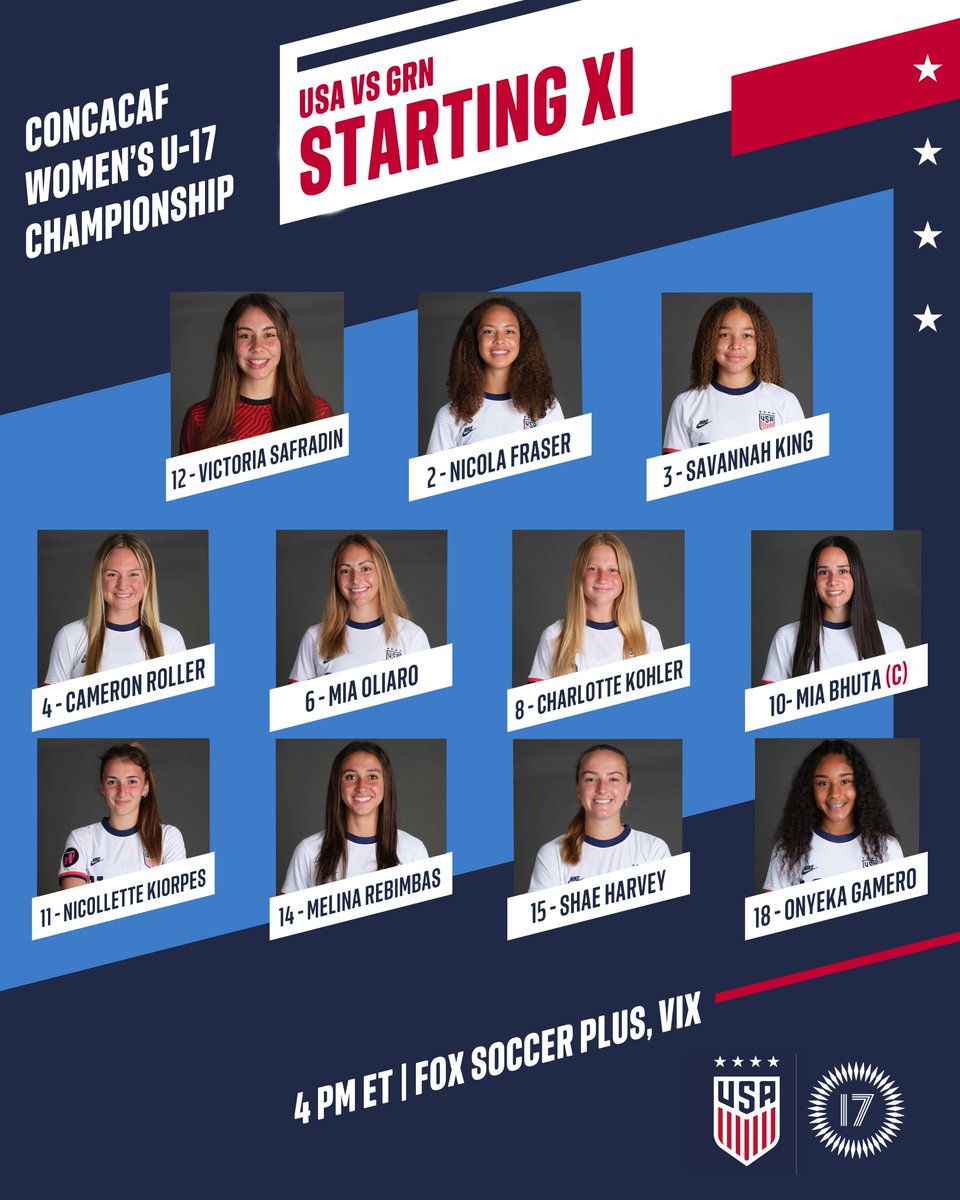 USYNT's tweet photo. For the first time in 792 days, it's #U17WYNT 𝙢𝙖𝙩𝙘𝙝𝙙𝙖𝙮!! 🇺🇸🇺🇸🇺🇸

Your starting XI vs. Grenada! https://t.co/m9QCoK3yNg