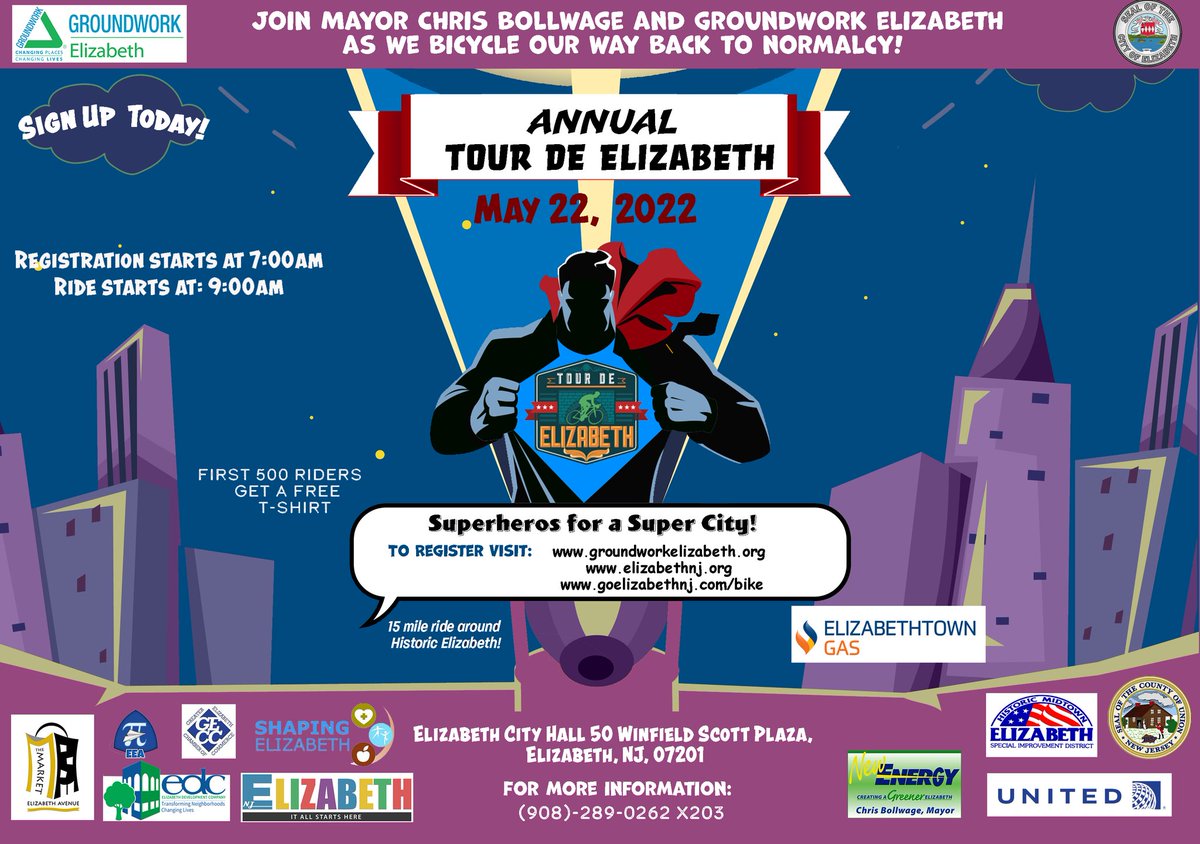 gwelizabeth's tweet photo. Riding a bicycle is fun, healthy and reduces your carbon footprint. Sign up for #tourdeelizabeth https://t.co/dqTxoXmtgX https://t.co/Tupf6fPwjg to see @CityofElizabeth @MayorBollwage @countyofunionnj in a new way. Free Tshirts to first 500 registering. Ride May 22. https://t.co/TIfwpd9vAQ