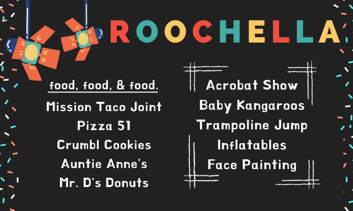 UPB's ROOCHELLA 2022 is still happening today from 5pm-9pm with some activities occurring inside of Pierson Auditorium or the Fine Arts Building as well as the University Walkway. There will still be free food, acrobats, Kangaroos, face painting & more!