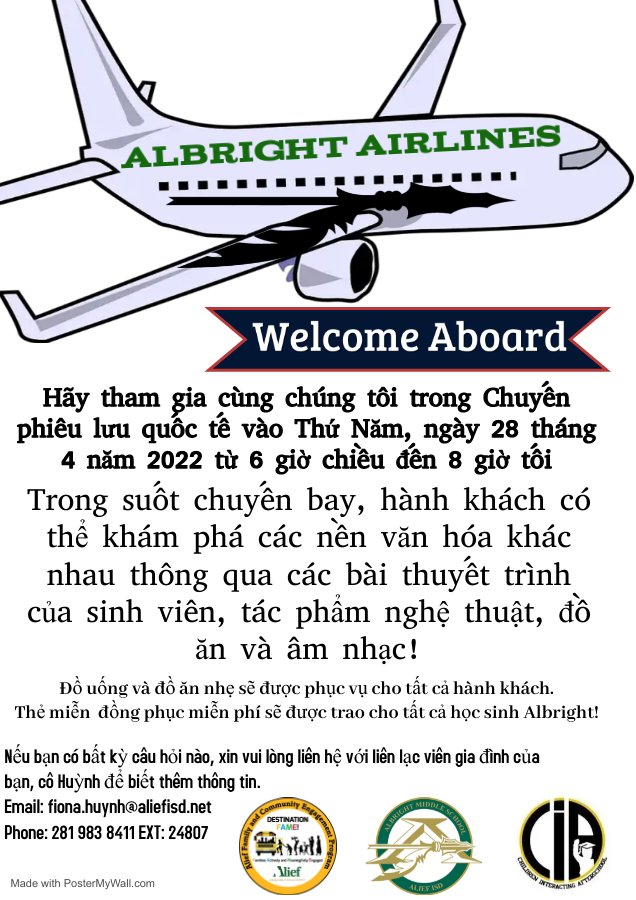 Albright Middle (@albrightms) on Twitter photo Join us for our International Festival this Thursday 4/28 from 6-8 PM in the Albright Cafeteria! @Albright_Fame <a href="/Alief_Fame/">Alief FACE</a> #VamosWarriors Join us for our International Festival this Thursday 4/28 from 6-8 PM in the Albright Cafeteria! @Albright_Fame <a href="/Alief_Fame/">Alief FACE</a> #VamosWarriors