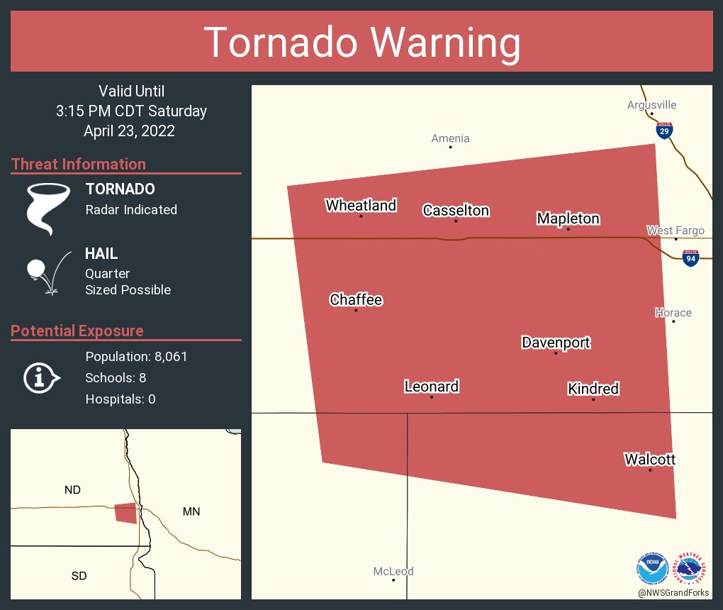 NWS Tornado on Twitter "Tornado Warning continues for Casselton ND, Mapleton ND, Kindred ND