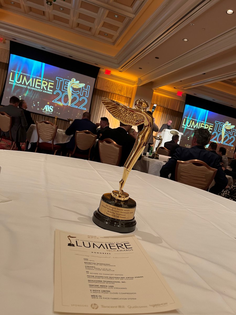 BromptonTech's tweet photo. Today, we’re extremely proud to have accepted an award for our Tessera SX40 at the Lumiere Entertainment Technology Awards.

A big thank you to @AISLumieres for recognising Brompton's contribution to the in-camera visual effects revolution sweeping the industry.

#bromptontech https://t.co/Gw3WfBtmwL