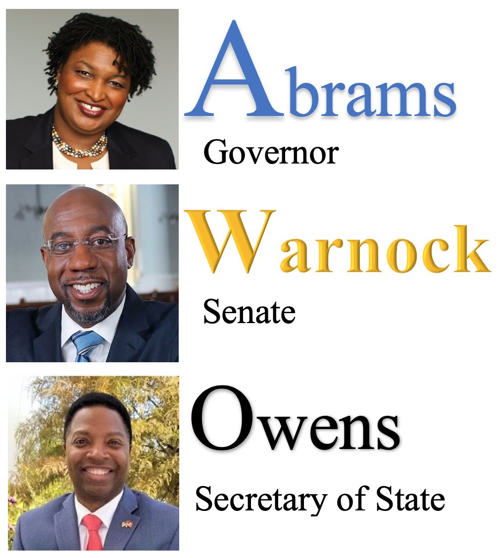 Catmandoodlebug's tweet photo. 🗳 MEET THE GEORGIA "DREAM TEAM" 🗳       
        PROVEN #VotingRights WARRIORS

@StaceyAbrams for Governor - A Proven Voting Rights Record 
@SenatorWarnock Has Exemplified Dedication for Change
@OwensForGeorgia Best Secretary of State CANDIDATE-Veteran &amp; CYBERSECURITY Expert https://t.co/mPgU4qTGOc